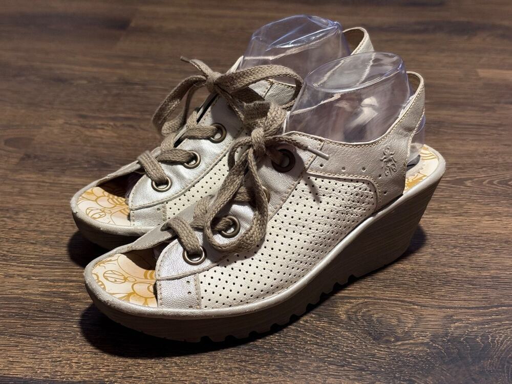 Fly London Yala Womens wedge sandals US 10 leather Perforated Strappy